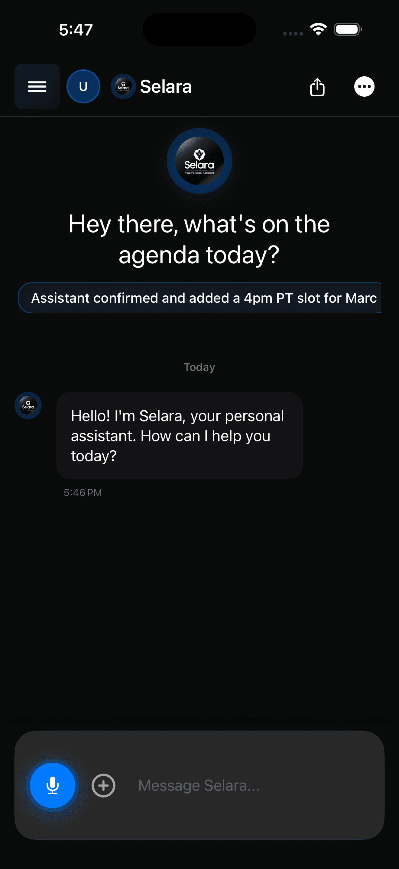 Selara chat screen with the assistant greeting the user and a voice-first composer.
