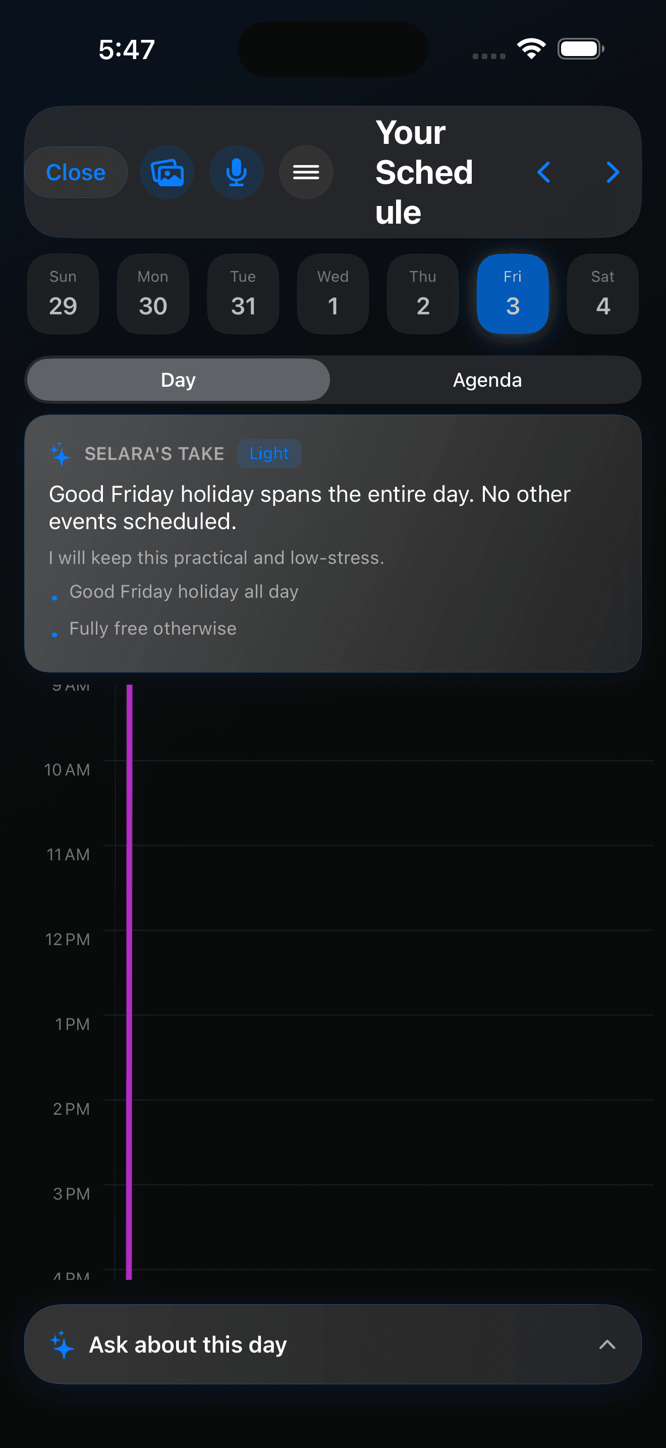 Selara schedule screen showing agenda view with AI commentary for the day.