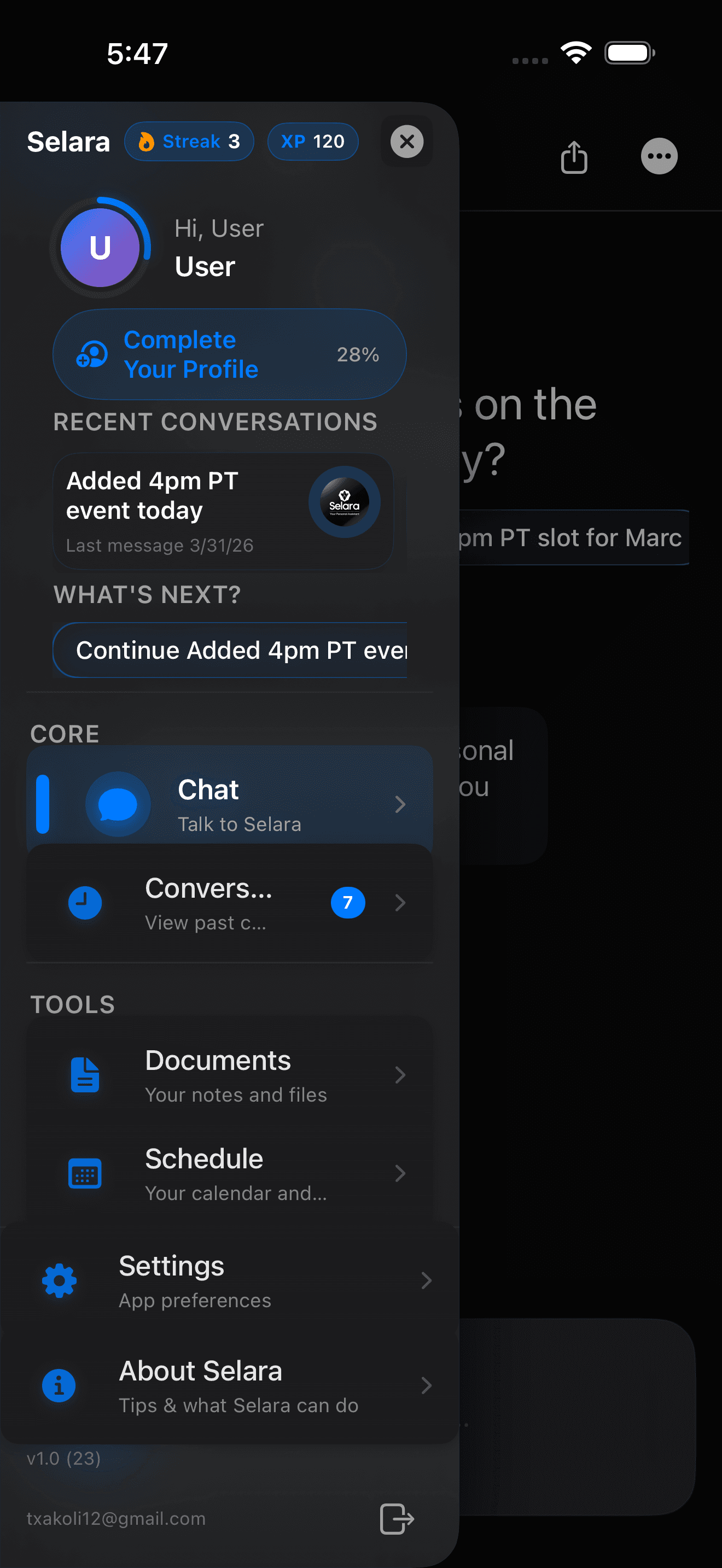 Selara sidebar navigation showing chat, conversations, documents, schedule, and settings.